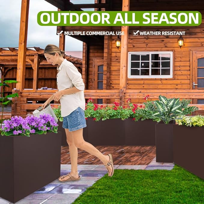 Metal Tall Long Planter Box Large Rectangular Planter Flower Pot with Drainage Holes for Indoor Outdoor Deck Porch Garden Home Patio Front Door (Espresso, M)