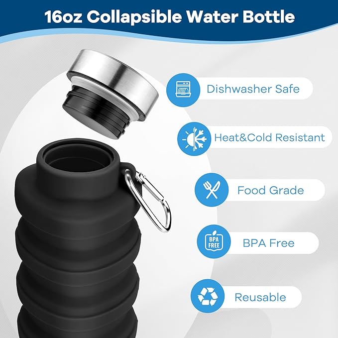 Collapsible Water Bottle, 17oz Reusable BPA Free Silicone Foldable Water Bottles - Image 4