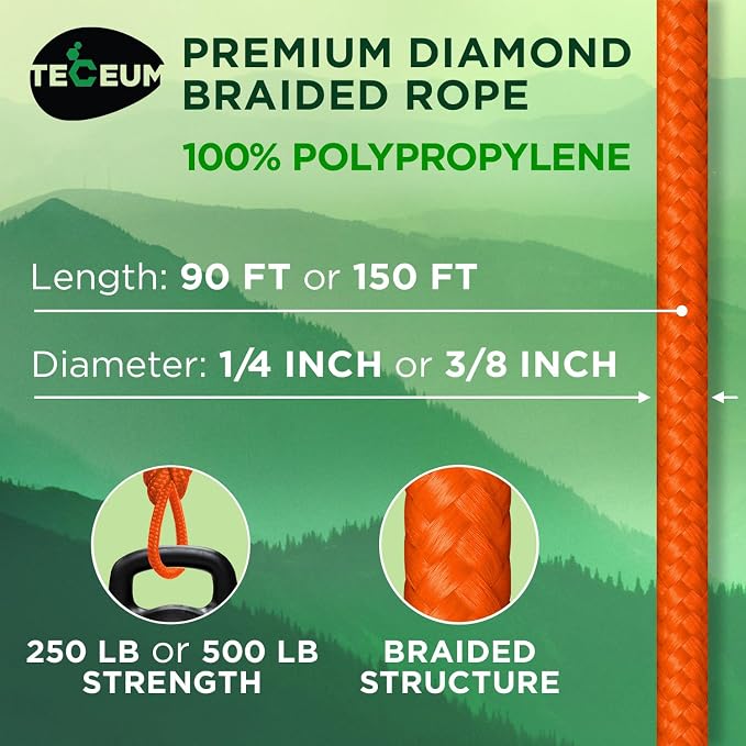 TECEUM Rope – 90 Feet x 3/8 Inch – Orange – Strong All-Purpose Utility Rope – - Image 2