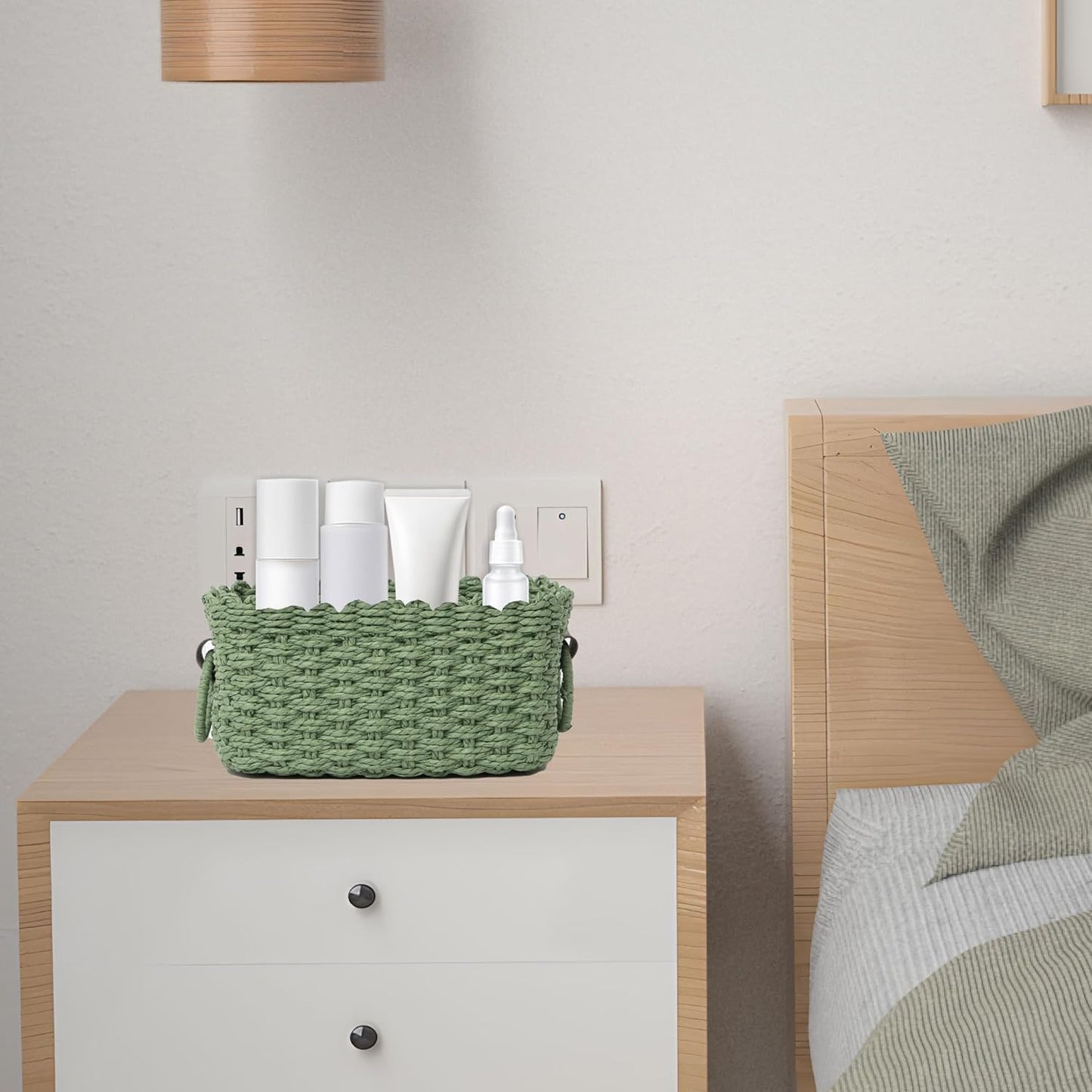 Small baskets for Organizing,Cute woven Storage basket with recycled paper rope for Shelves Bathroom,Little decorative basket,Set of 3 (Dark Green)