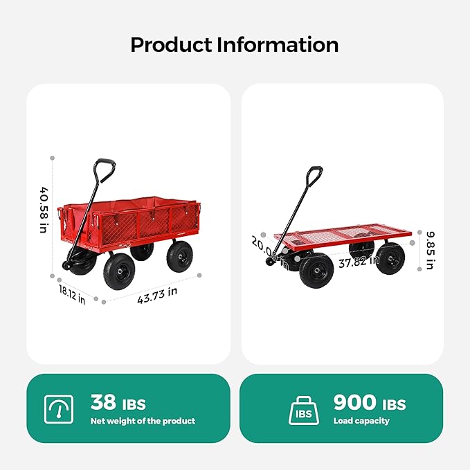 SUNNYFEEL 900 Lbs Capacity Heavy Duty Mesh Steel Garden Cart,Folding Utility Wagon with Removable Side Nets, Non-Slip Rubber Base, Red,Upgraded Version