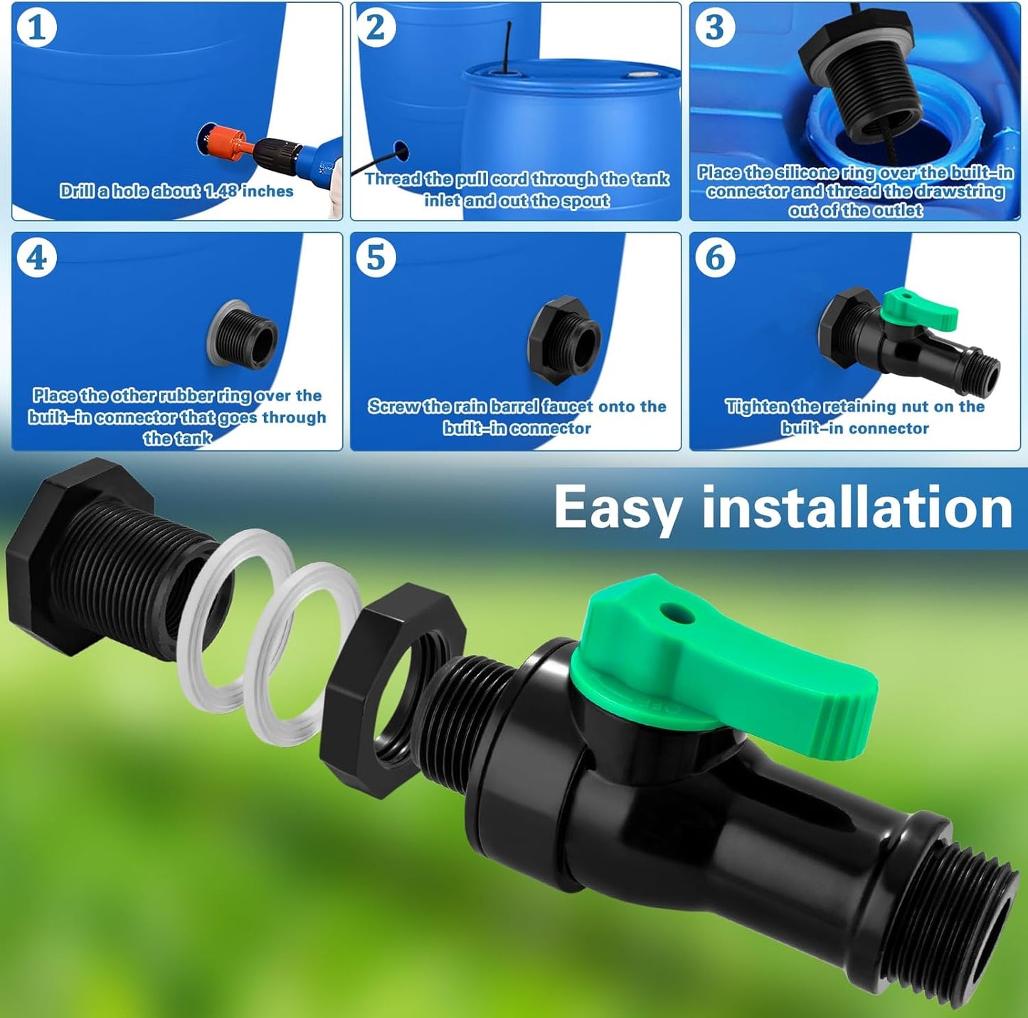 Plastics Rain Barrel Spigot Kit,High Flow Valve Core Water Tank Faucet+PVC Bulkhead Fitting,Straight Head 3/4 NPT to 3/4 GHT Rain Barrel Spigot for Plastic Bucket rainwater Drum Container