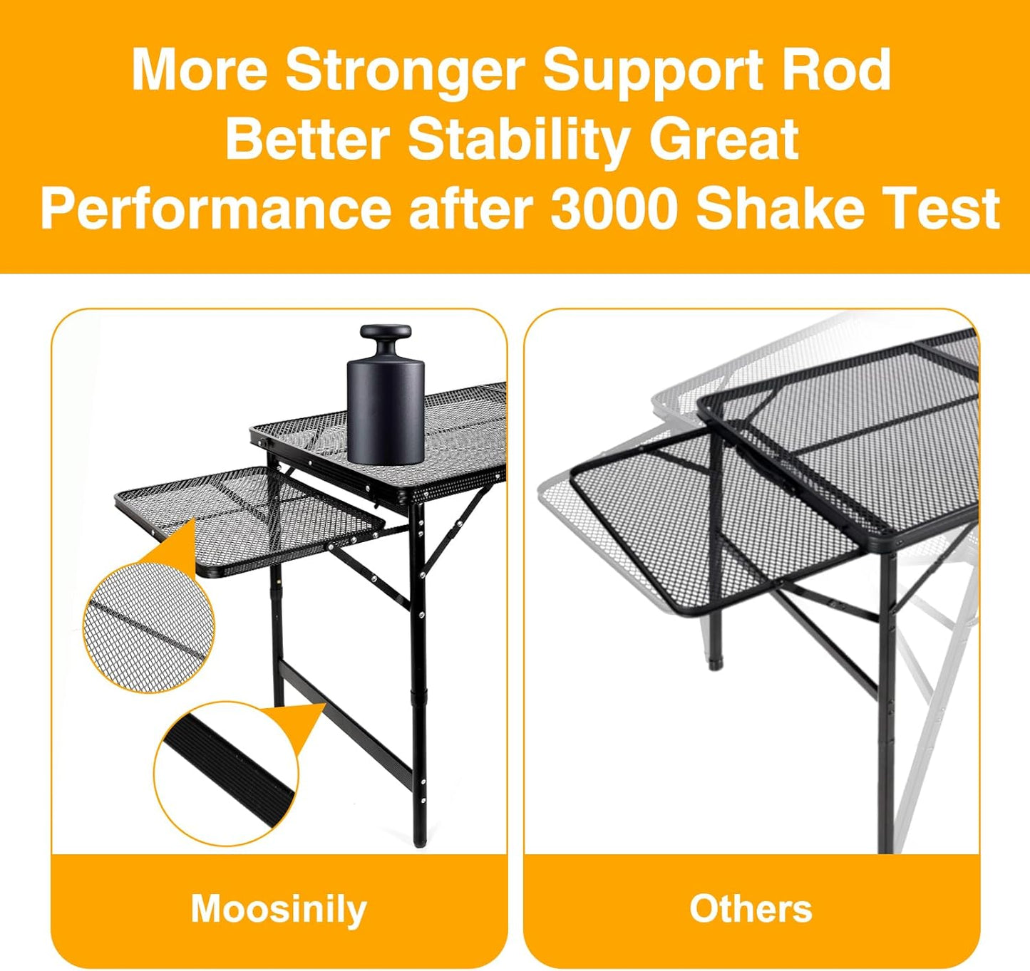 Grill Table Folding Table with 2 Wing Panels 4FT+1.77 FT with with 1×2/5 L Storage Bag Mesh Desktop 3 Height Adjustable Portable Grill for Outdoor Indoor Beach BBQ Picnic Travel RV Black