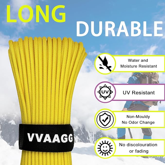 VVAAGG 1000 Yellow Paracord 100FT Utility Parachute Cord 4mm Nylon String12 - Image 4