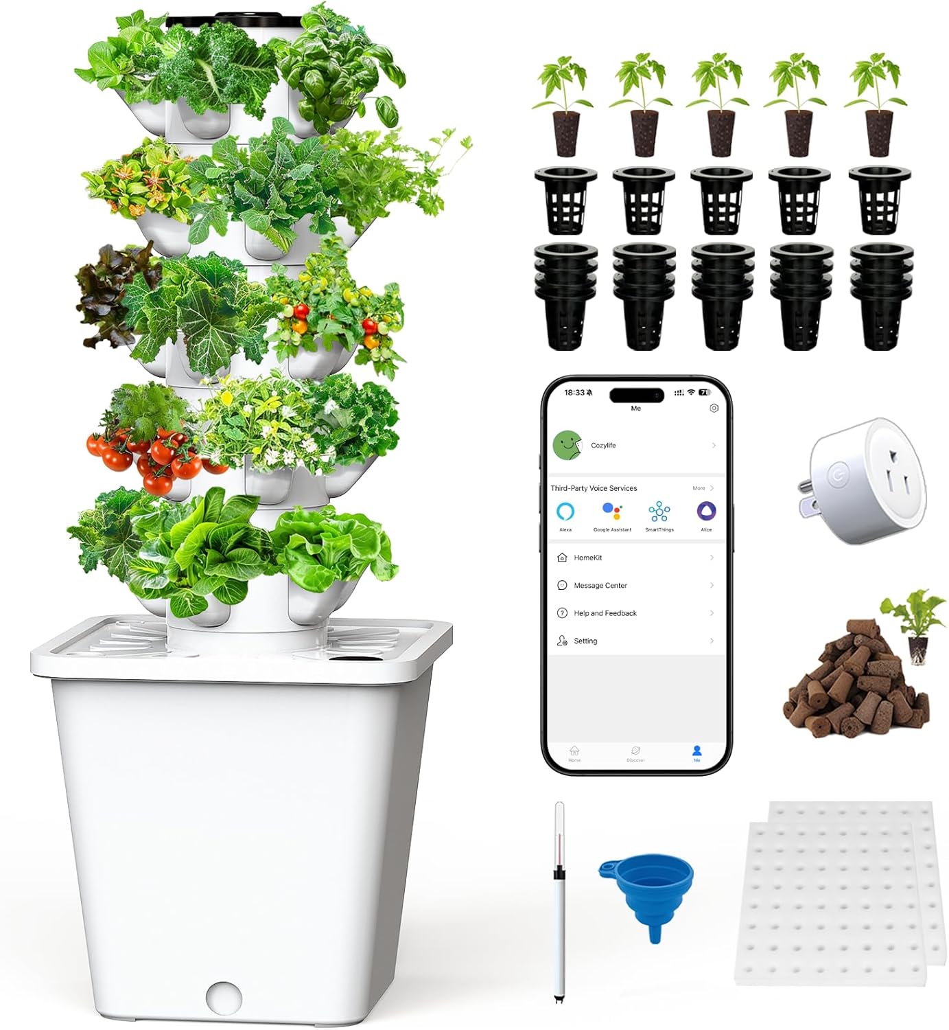 SJZX Hydroponics Growing System Kit, 12L Large Capacity Hydroponic Tower, 5 Tiers Indoor Outdoor Gardening System for Beginner with Water Pump & APP Auto Timer, Vertical Garden Planter Kits (25 Pods)