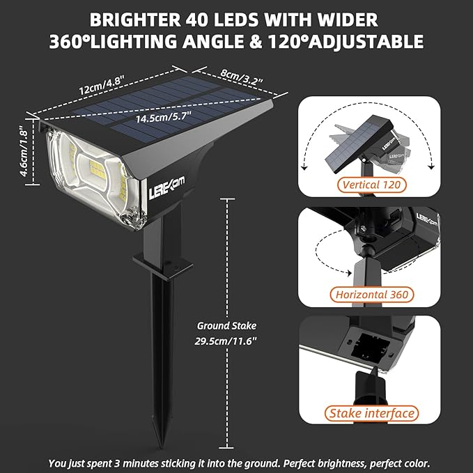 LEREKAM Solar Spot Lights Outdoor, IP65 Waterproof 40 LEDs Landscape Spotlights - Image 6