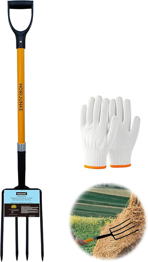 Garden Fork, 4-Tines Pitchforks,45-Inch Pitchfork for Gardening,Fiberglass Digging Fork Pole, D-Handle
