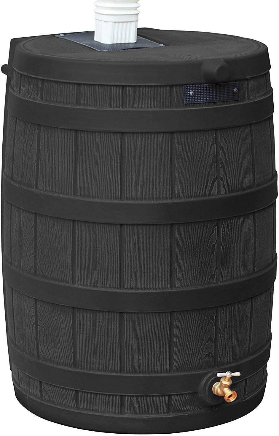 Good Ideas Rain Wizard 50 Gallon Plastic Outdoor Home Water Storage Tank Rain Barrel Collector with Brass Spigot and Flat Back Design, Black, 2 Pack