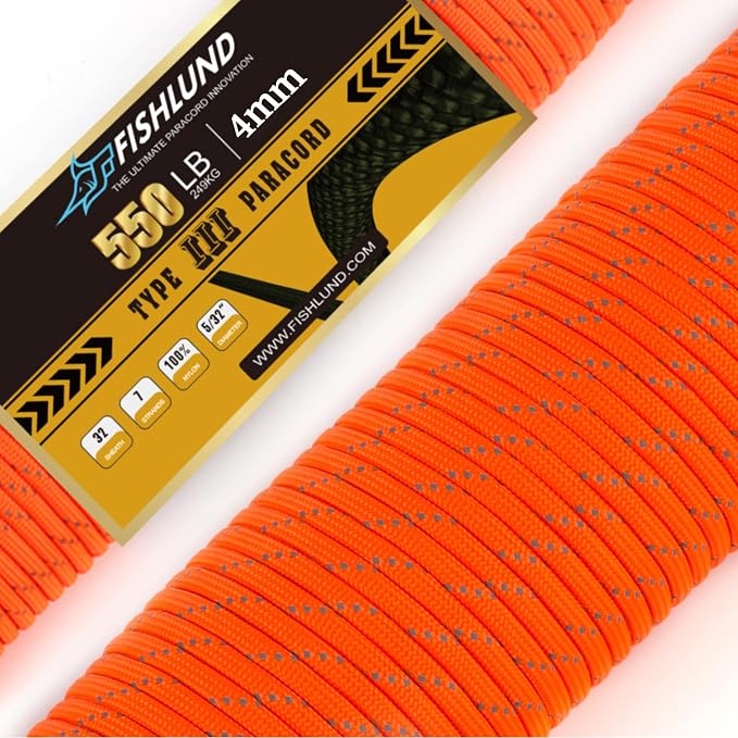 Reflective Paracord 550 lb, 7 Strand Paracord Rope 250ft 4mm, Nylon Parachute by FISHLUND