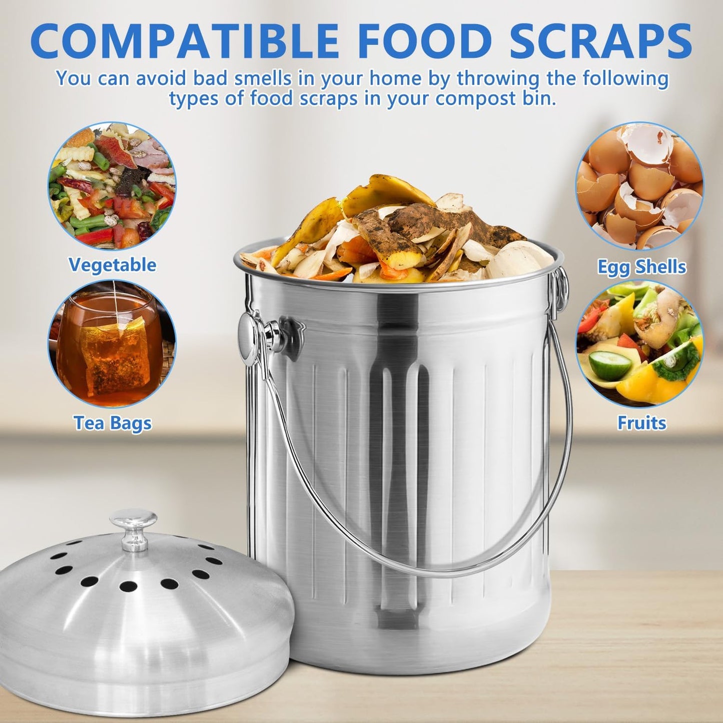 ENLOY Compost Bin for Kitchen Countertop, 1.3 Gallon Stainless Steel Indoor Compost Bucket for Kitchen Countertop Odorless Compost Pail for Kitchen Food Waste with Carrying Handle Easy to Clean