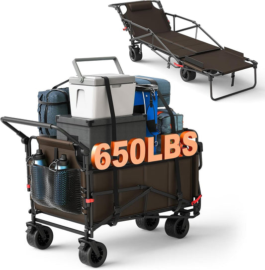 LEVELEVE Heavy Duty Folding Wagon - 2-in-1 Collapsible Cart, 650lb Capacity, All-Terrain Wheels w/Brakes & Side Pockets (Brown)