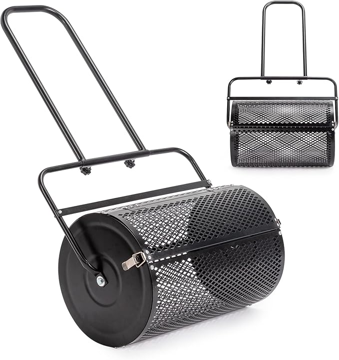 Outvita Compost Spreader and Peat Moss Spreader, 24" Push/Tow-Behind Roller Lawn Spreader with Steel Mesh Basket Garden Spreader for Spreading Manure Mulch Topsoil