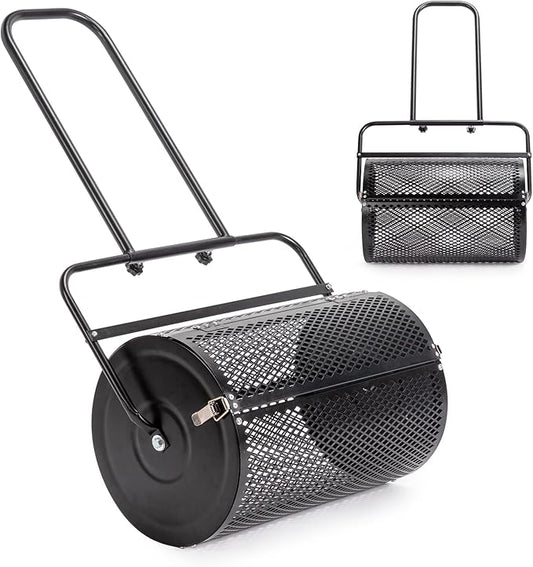 Outvita Compost Spreader and Peat Moss Spreader, 24" Push/Tow-Behind Roller Lawn Spreader with Steel Mesh Basket Garden Spreader for Spreading Manure Mulch Topsoil