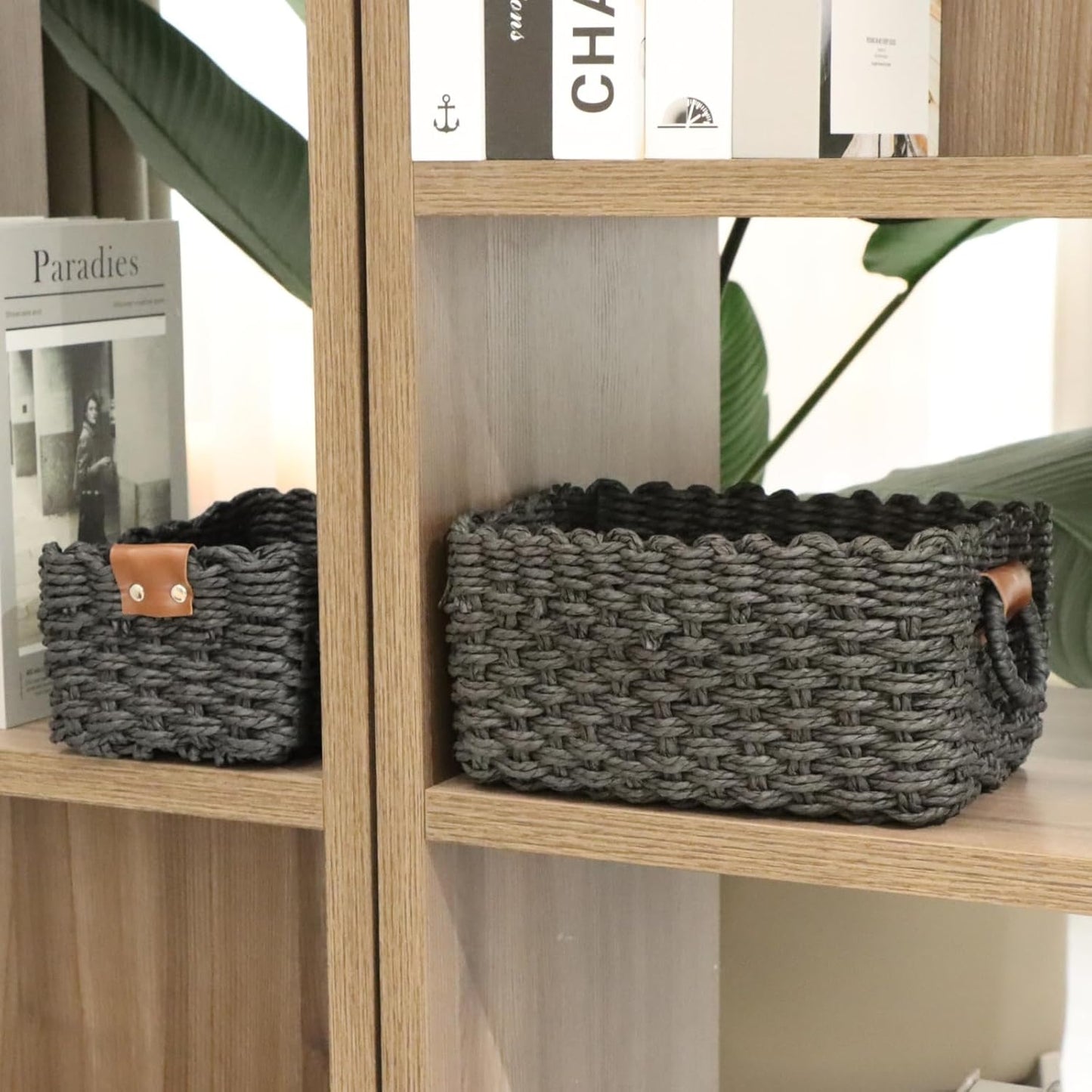 Paper rope Small Storage baskets for Organizing,Cute woven Little basket for Home，Shelves, Bathroom,Decorative basket,Set of 3 (Black)