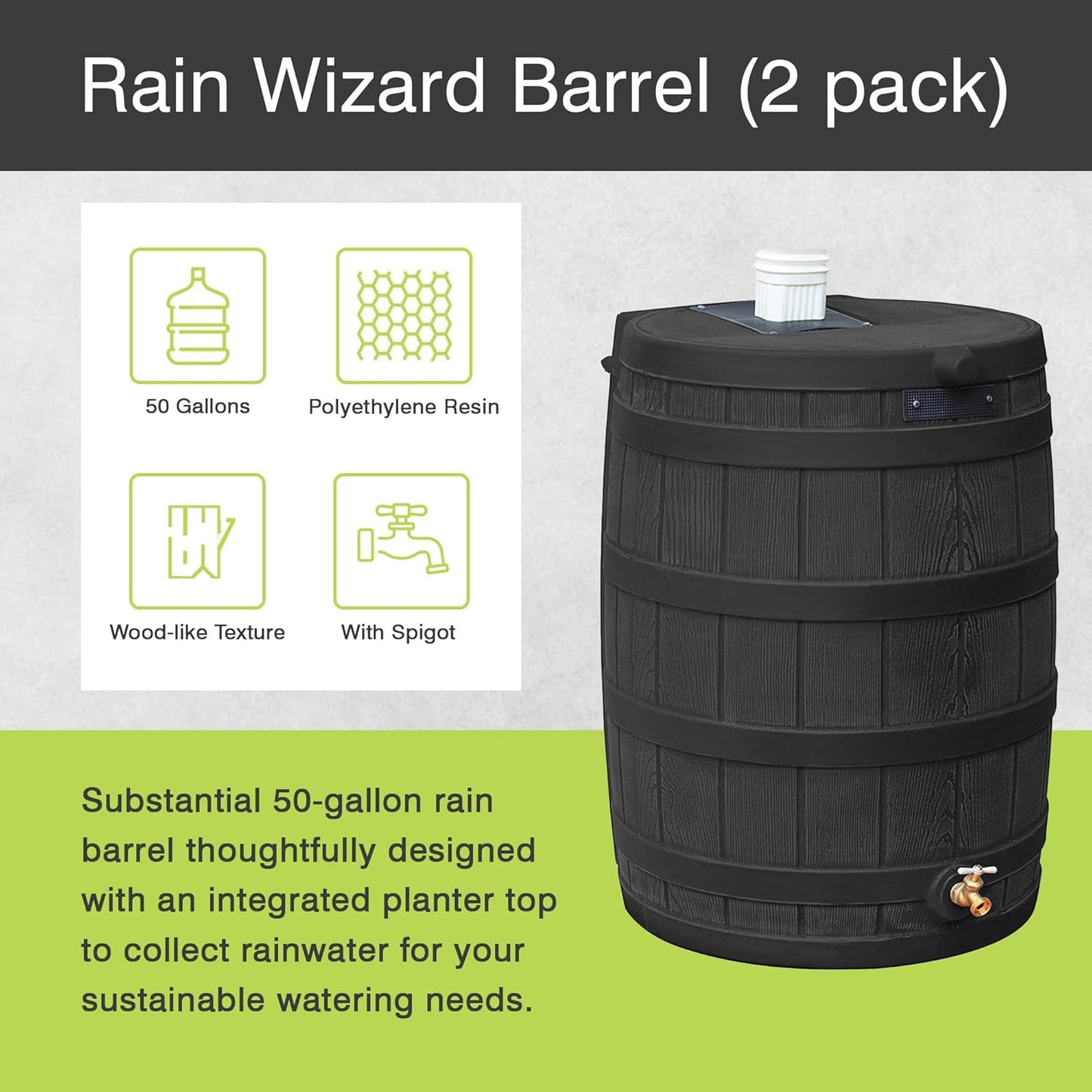 Good Ideas Rain Wizard 50 Gallon Plastic Outdoor Home Water Storage Tank Rain Barrel Collector with Brass Spigot and Flat Back Design, Black, 2 Pack