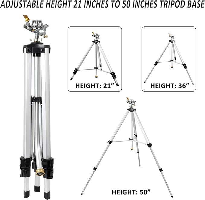 STYDDI Heavy Duty Impact Sprinkler on Tripod Base, Extra Tall Metal Pulsating Telescoping Tripod Sprinkler for Large Area, Yard, Lawn, Garden, Waters up to 90 Ft. Diameter, Legs Extends Up to 50-inch
