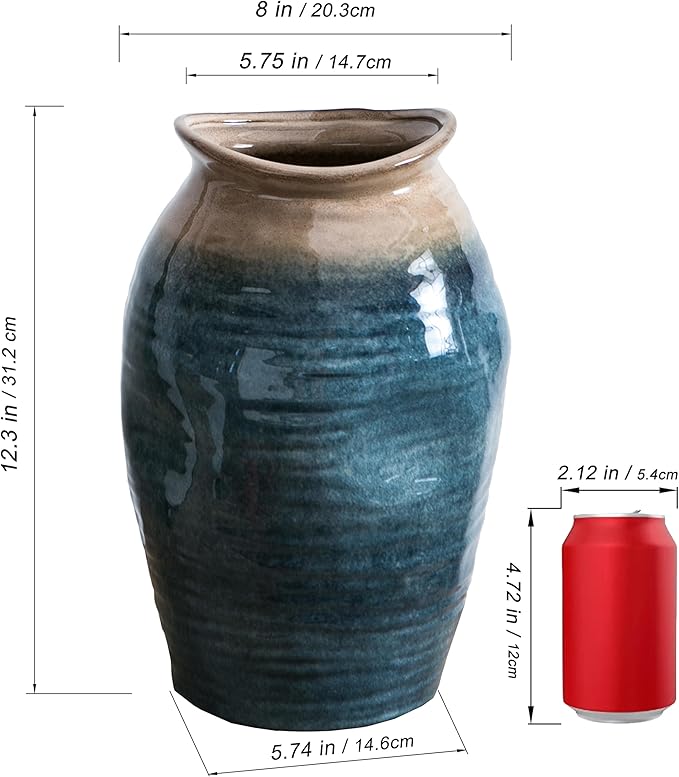 Blue Floor Vase, Ceramic Glazed Large Vase for Modern Farmhouse Home Decor, Rustic Terracotta Pottery, Vintage Clay Vase for Living Room Entryway Centerpiece