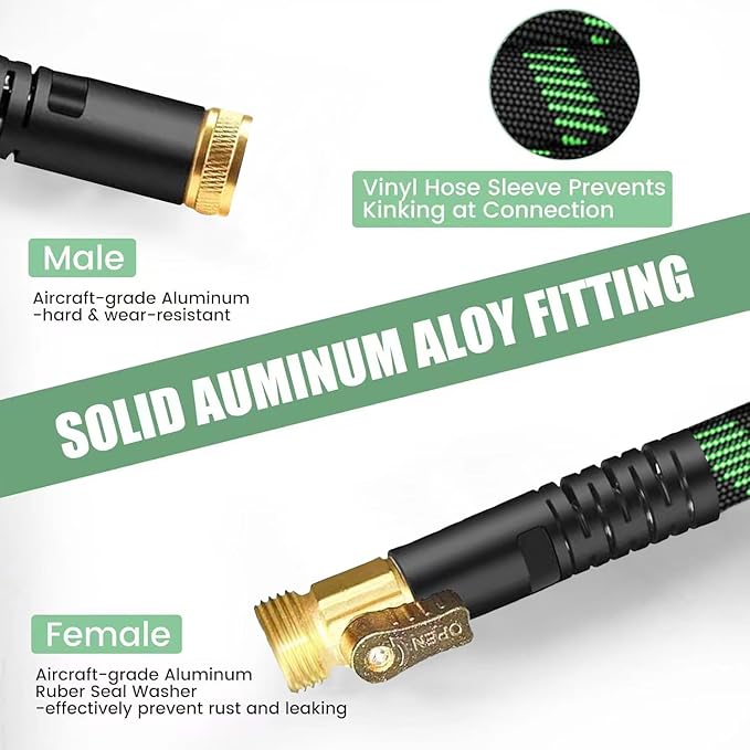 Non-Expanding Garden Hose 100Ft, Flexible Kink Free Water Hose with 10 Watering Spray Nozzle, Lightweight Hose Pipe, Leak-Proof, Durable, 3/4" Metal Alloy Connector, Portable Storage Strap