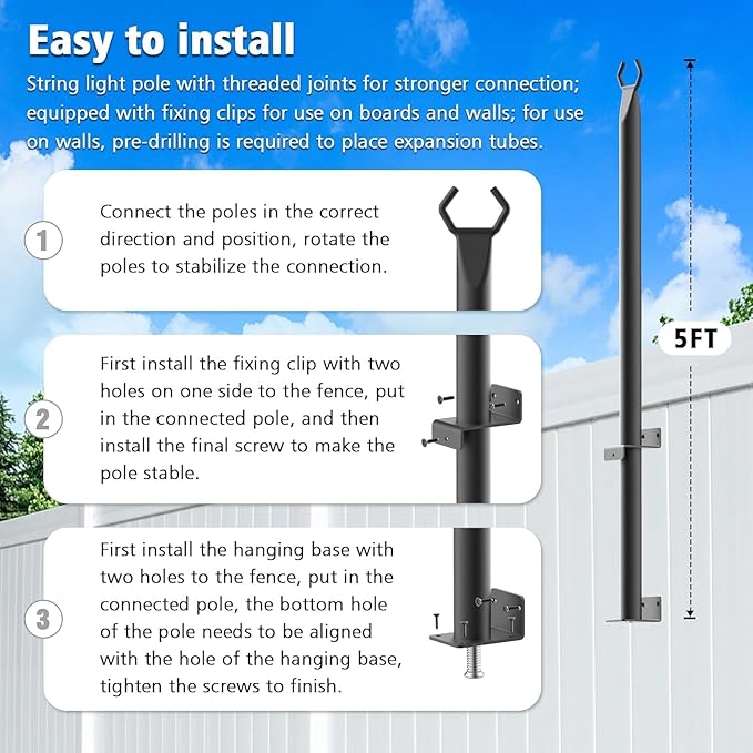 NUERPO 10 Pack String Light Poles, 5Ft Metal Poles - Image 7