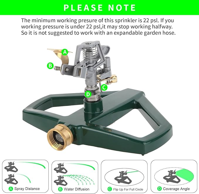 Metal Sprinklers for Yard Heavy Duty Zinc Alloy Pulsating Impact Sprinkler, Adjustable Rainbird Sprinkler Head with Metal Base, Sprinkler System for Lawn Yard Large Area Garden