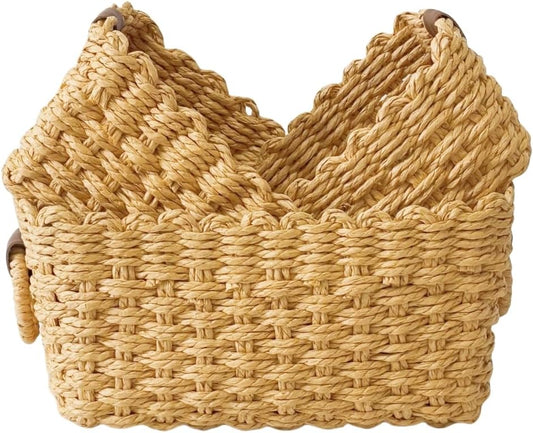 Small Paper rope baskets for Organizing,Cute woven storage Little basket for Home，Shelves, Bathroom,Decorative basket,Set of 3 (Desert color)