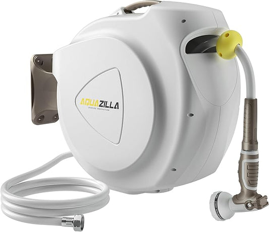 Retractable Garden Hose Reel, 1/2 in 120+6 ft, Heavy Duty Wall Mounted Water Hose Reel, Spring Power Automatic Rewind, Any Length Lock, 180° Swivel Bracket, 10 Pattern Spray Nozzle