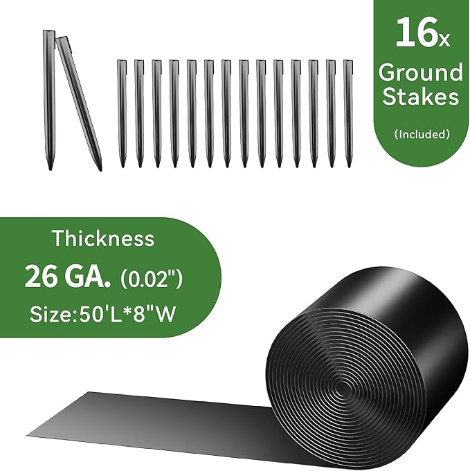 Worth Galvanized Steel Landscape Edging 8" x50' Metal Garden Edging Roll Flexible Bender Border with 16Pcs Stakes for Lawn, Flower Bed Edges, Black