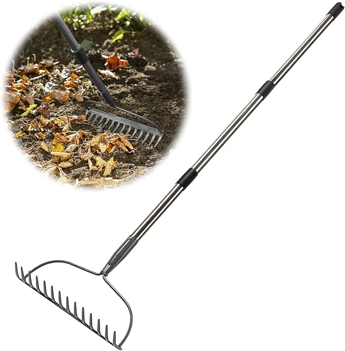 Rake for Leaves, Garden Bow Rake for Lawns Heavy Duty, 5 ft Back-Saving Long Handle, 14 Metal Tines, Yard Gardening Tools for Loosen Soil, Clear Gravel Grass Rock, Level Mulch