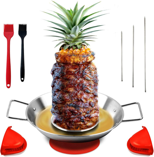 Fengzhe Al Pastor Skewer for Grill：Stainless Steel Vertical Stand, Brazilian Spit Stand with removable 3 Spikes, 2 Brushes, Anti-scalding Fittings, Fat Separator Tray, for Tacos Al Pastor, BBQ