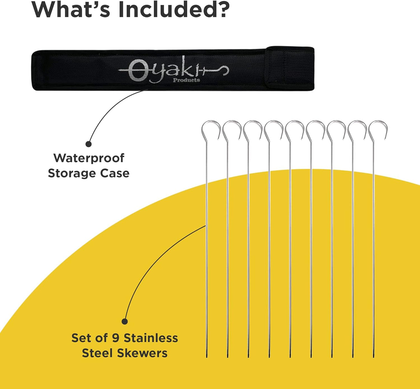 O-Yaki Flat Metal Kabob Skewer for Grilling – Set of 8 BBQ Skewers Stainless Steel with Storage Bag, Dishwasher Safe Skewers with Hook Handle & Sharp Tip for Outdoor BBQ, Cookouts & Oven Use – 9 Inch