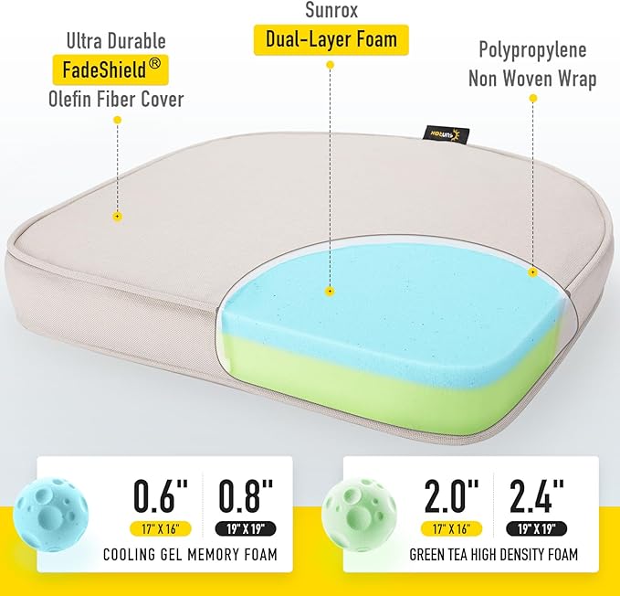SUNROX Gel Memory Foam Chair Cushions, FadeShield Water-, Stain-Resistant Durable Reversible Seat Cushion Pads with Ties for Indoor/Outdoor Kitchen Dining Office, 17"x16", Set of 4, Cream