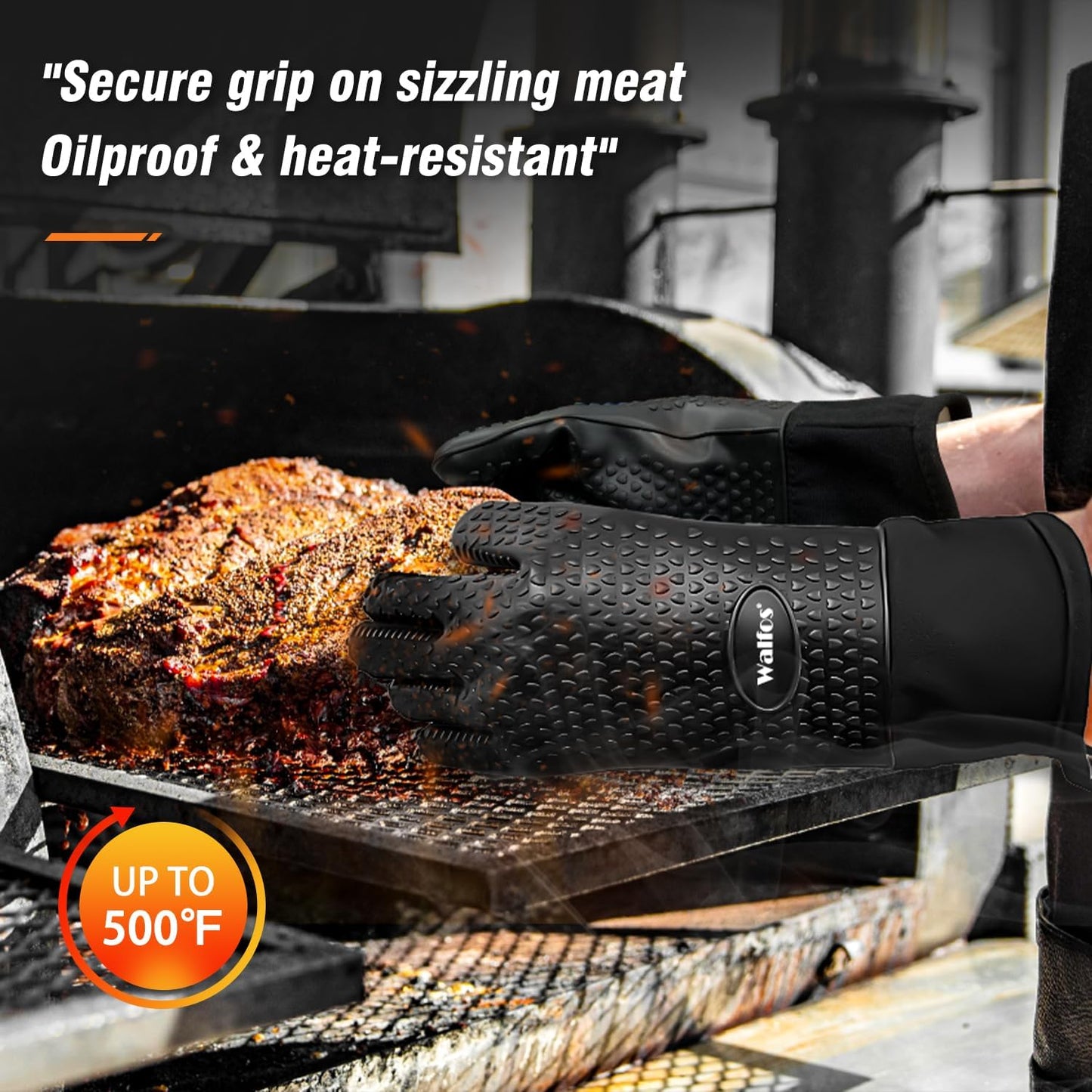Walfos Silicone BBQ Gloves - Heat Resistant Grilling Gloves, Premium Non-Slip Kitchen Silicone Oven Mitt With Protective Cotton Layer Inside, Waterproof, Great for Grilling, Kitchen and Cooking, Black