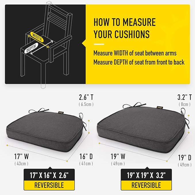 SUNROX Gel Memory Foam Chair Cushions, FadeShield Water-, Stain-Resistant Durable Reversible Seat Cushion Pads with Ties for Indoor/Outdoor Kitchen Dining Office, 19"x19", Set of 4, Midnight