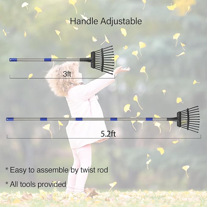 Leaf Rake for Leaves, 8" Wide Heavy Duty Metal Garden Rake 11 Tines, Adjustable Lawn Yard Shrub Kids Rake, 5.2ft