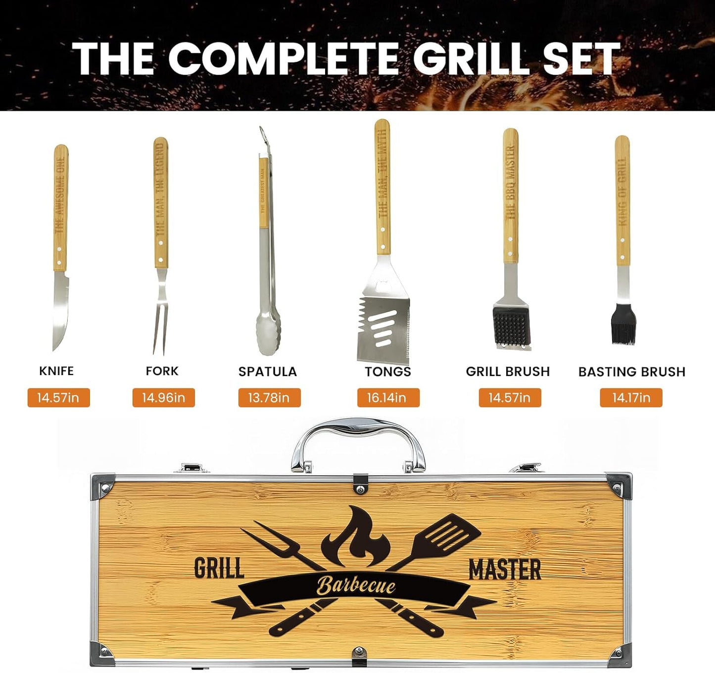 Grill Tool Set, Wooden Grilling Accessories, Heavy Duty Stainless Steel BBQ Grill Tools Set for Outdoor Grill with Spatula, Tongs Aluminum Case for Camping Backyard Barbecue, Grill Set for Men Women