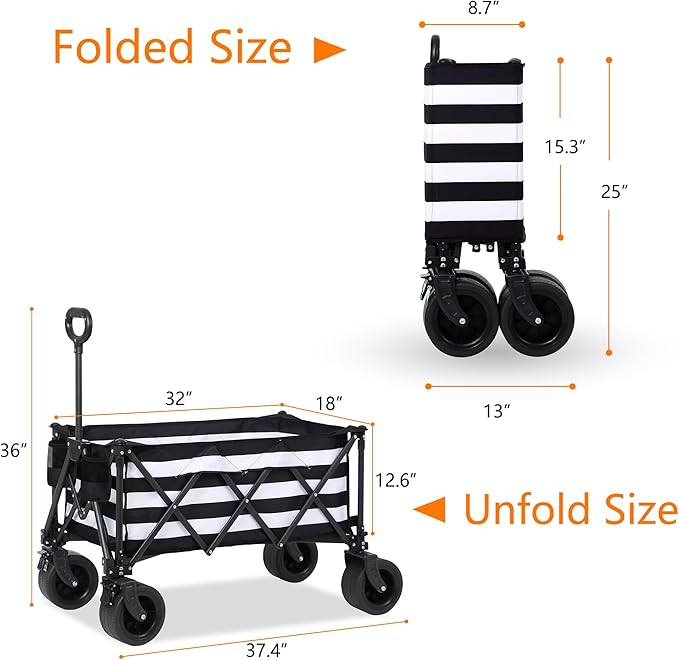 Wagons Carts Foldable with All-Terrain Big Wheels 400 LBS, Heavy Duty Collapsible Utility Wagon Cart, Folding Grocery Cart for Beach, Camping, Sports, Shopping, Garden and Fishing-Black Stripe