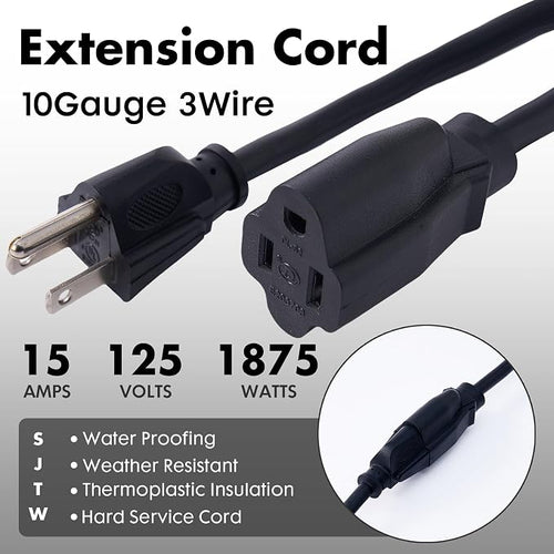 10ft Black Outdoor Extension Cord Waterproof, UL Listed, 10/3 SJTW Heavy Duty 3 - Image 2