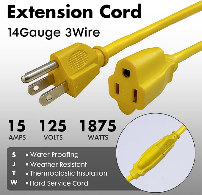 6ft Yellow Outdoor Extension Cord Waterproof, UL Listed, 14/3 SJTW Heavy Duty 3 - Image 2