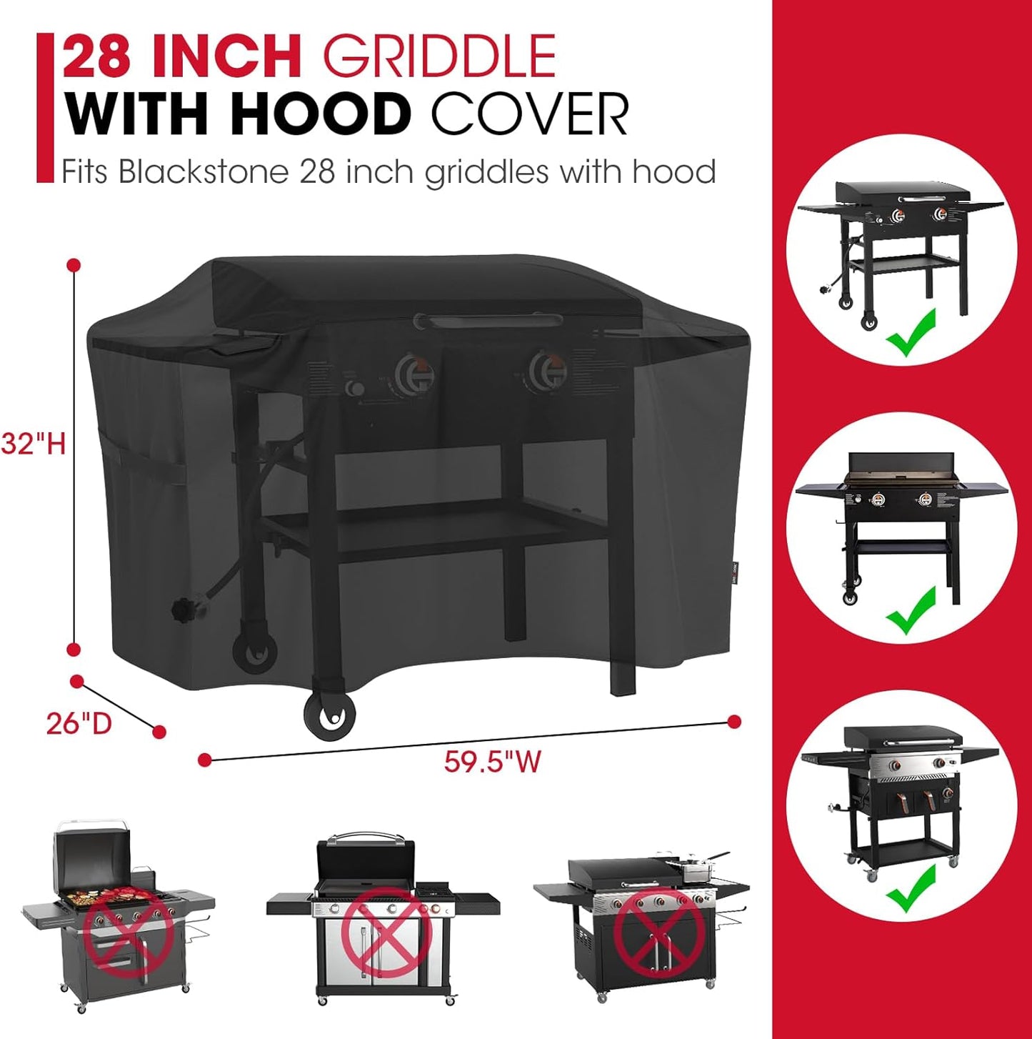 Unicook 5483 Griddle Cover for Blackstone 28 Inch Cooking Station with Hood, Heavy Duty Waterproof Flat Top Gas Grill Cover, All Weather Protection for BBQ Griddle, Black