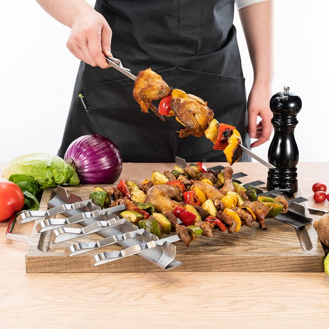Restaurantware Met Lux 16.9 Inch Barbecue Skewers With Racks 8 Piece Heavy-Duty Shish Kabob Skewer Set - Brings 6 Skewers Includes 2 Grill Racks Stainless Steel Grilling Skewer Set Reusable