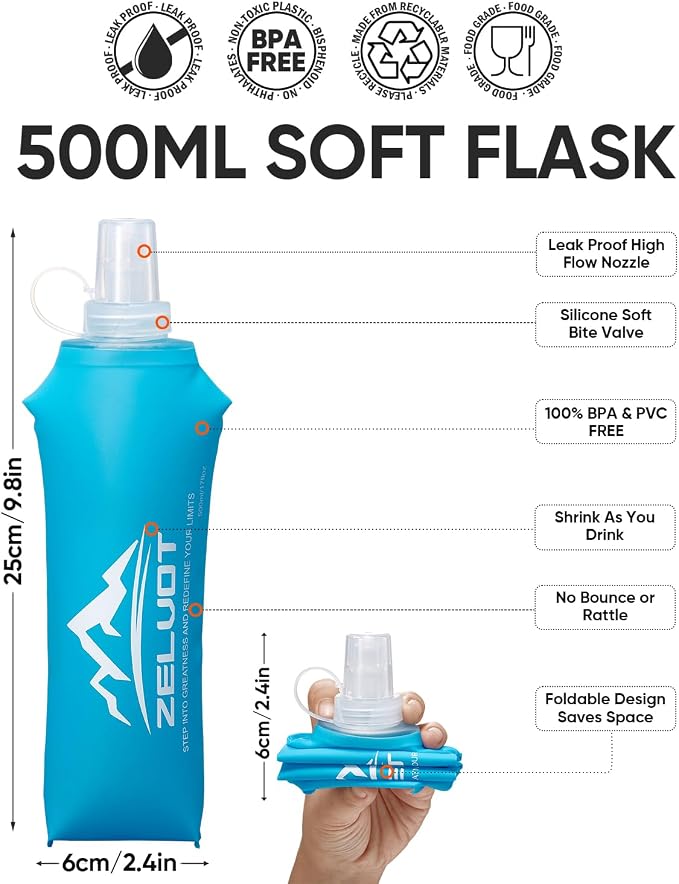 Zelvot 2 Pack Running Vest Soft Flask, BPA-Free 500ml Collapsible Water Bottle - Image 4