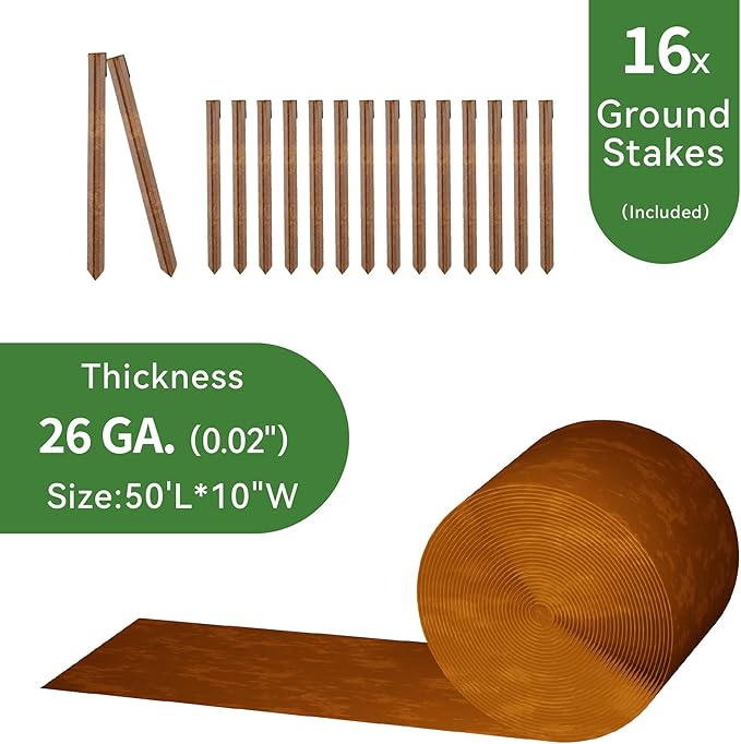 Worth Galvanized Steel Landscape Edging 10" x50' Metal Garden Edging Roll Flexible Bender Border with 16Pcs Stakes for Lawn, Flower Bed Edges, Rust-Like Color