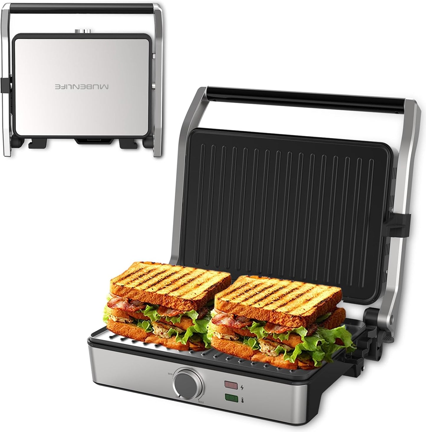 Panini Press, Electric Sandwich Press Grill, Open 180 Degrees, Electric Grill Indoor, Perfect for Grilling Sandwich, Steak, Burger, Adjustable Temperature Control, Non Stick Coating