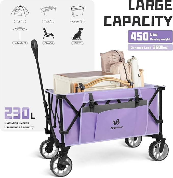 Whitsunday Folding Collapsible Utility Wagon, 400Lbs Heavy Duty Outdoor Park Beach Wagon with Table and Side Pocket for Garden Camping Sports Shopping Purple