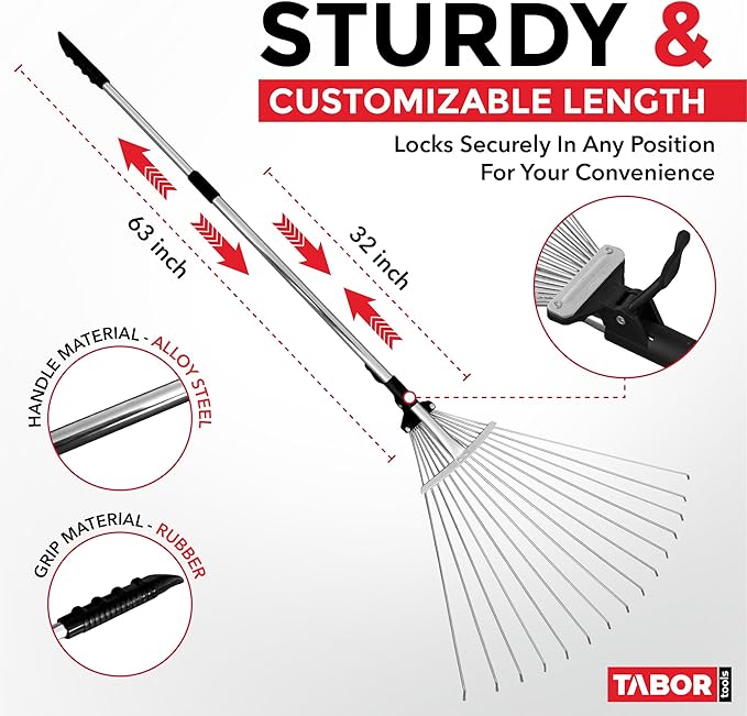 TABOR TOOLS Adjustable Metal Rake - Collapsible & Telescopic - Garden, Yard, & Lawn - Ideal for Leaves, Shrubs & Small Areas. J16A