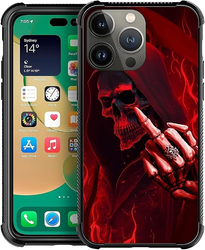 for iPhone 14 Pro Case, Gestures Funny Skull Pattern Graphic Design Girl Boy by FKBRCL4U