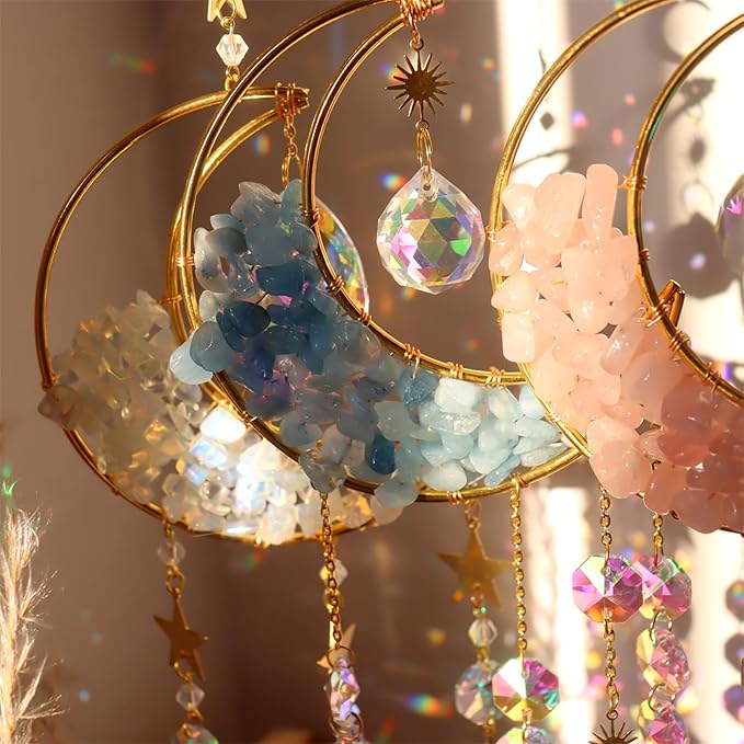 Crystal Suncatcher Hanging Moon Sun Light Catcher with Glass Prisms for Window Natural White Spar Crystal Decor Home Indoor Making Rainbows