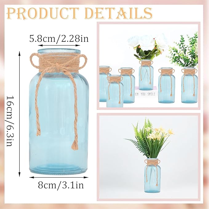 Vintage Glass Flower Vase，6 Pack Blue Farmhouse Glass Centerpiece Vases Mason Jars for Weddings, Parties & Home Decor Bulk (6, Blue)