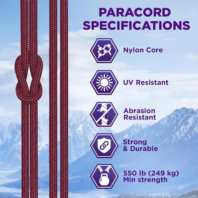 TECEUM Paracord Type III 550 Burgundi – 100 ft – 4mm – Tactical Rope MIL-SPEC – - Image 3