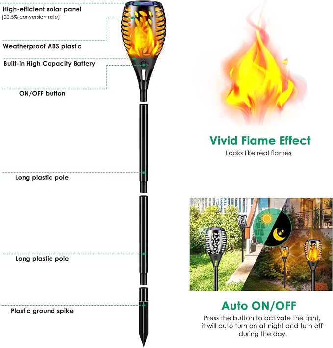TomCare 8 Pack Outdoor Solar Lights Flickering Flames Torch Decorative Garden - Image 3